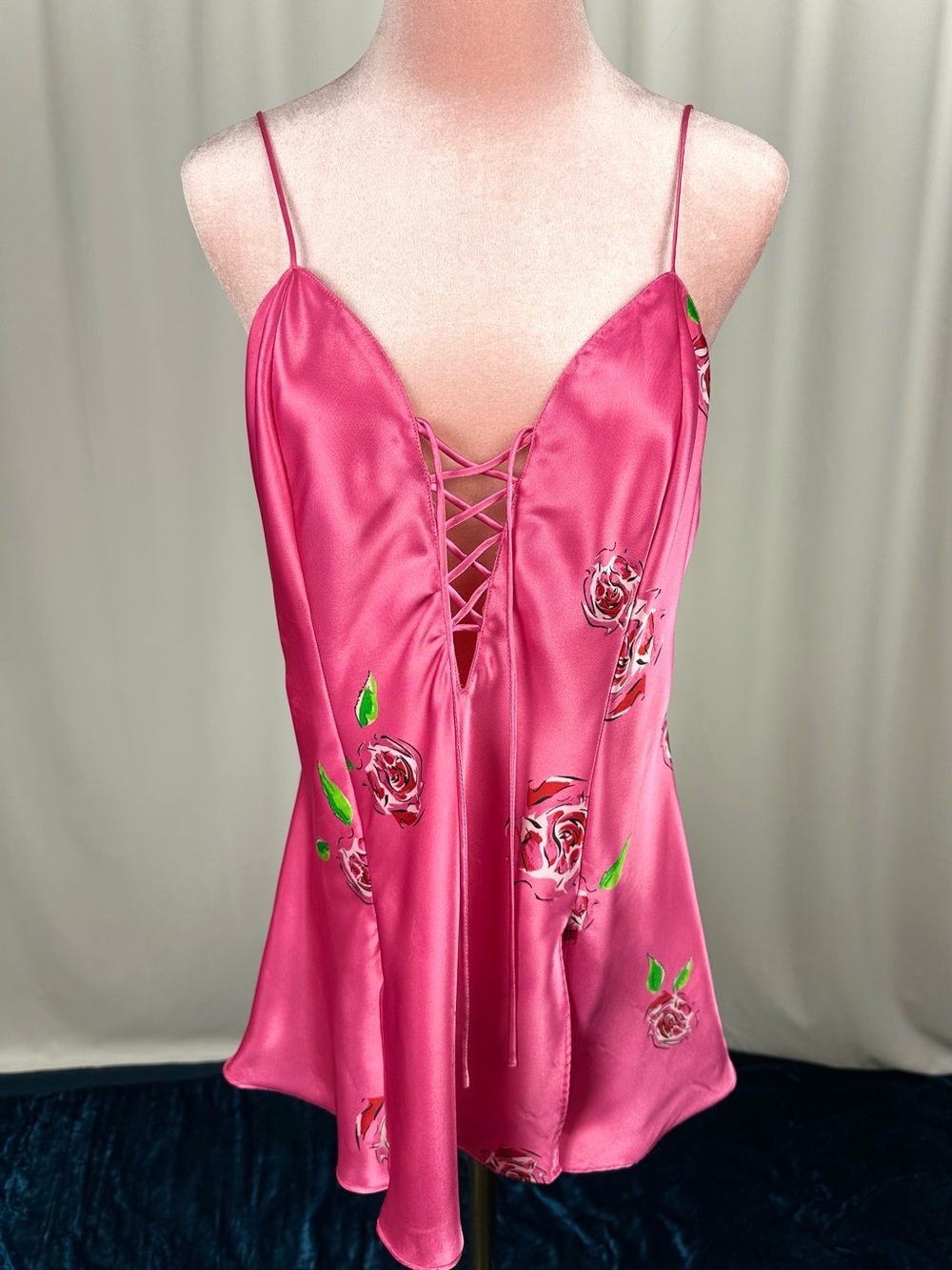 Vintage La Senza Pink Satin Rose Lace Up Babydoll Camisole Y2K Medium - Picture 13 of 16